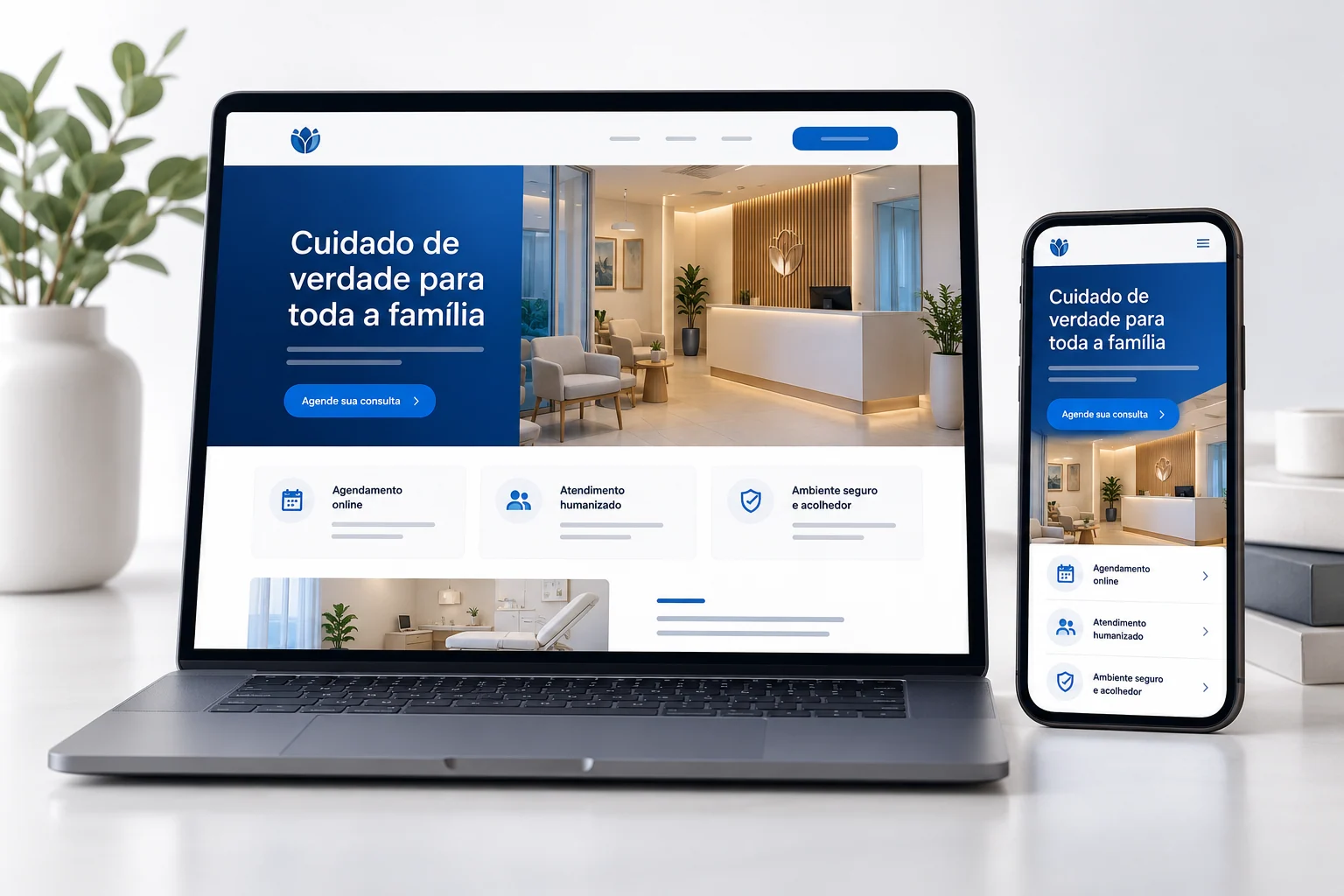 Página de uma clínica fictícia apresentada em computador e celular